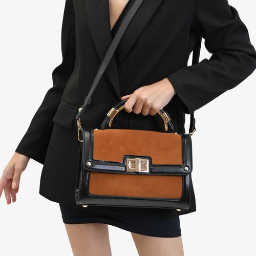 Bolsa Satchel Preto Marrom Couro