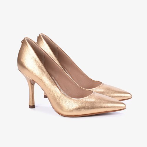 Scarpin Dourado Metalizado Salto Fino Couro