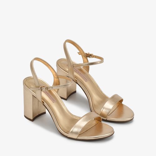 Sandália Salto Bloco Ouro Claro Metalizado Couro