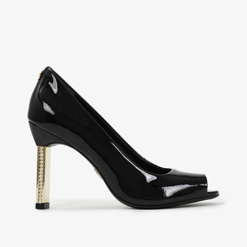 Peep Toe Salto Fino Preto Verniz Couro