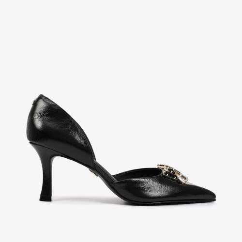 Scarpin Preto Salto Fino Pedrarias Couro