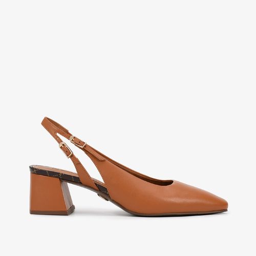 Slingback Marrom Caramelo Salto Bloco Couro
