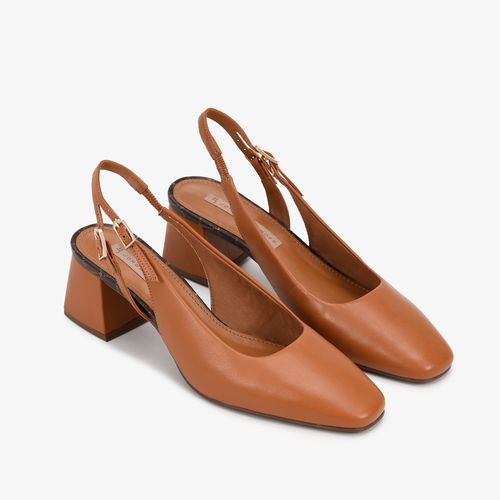 Slingback Marrom Caramelo Salto Bloco Couro
