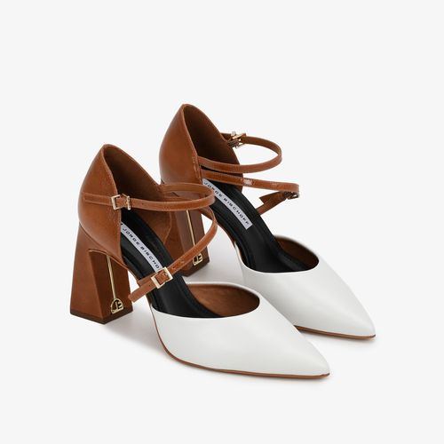 Scarpin Branco Marrom Bico Fino Couro Caseinado