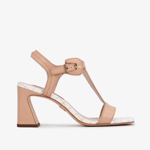 Sandália Nude Monograma Salto Bloco Couro