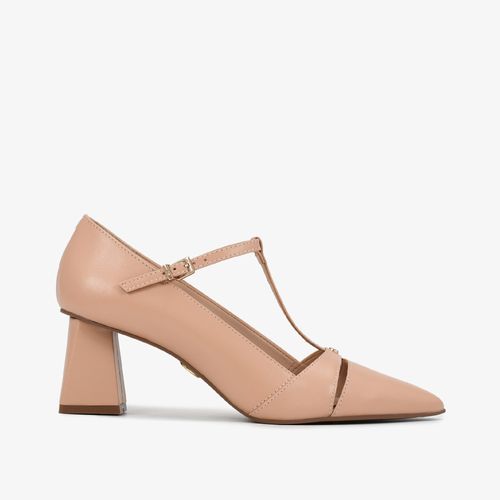 Scarpin Nude Salto Bloco Couro