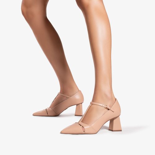 Scarpin Nude Salto Bloco Couro