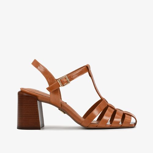 Sandália Salto Bloco Marrom Caramelo Couro Caseinado