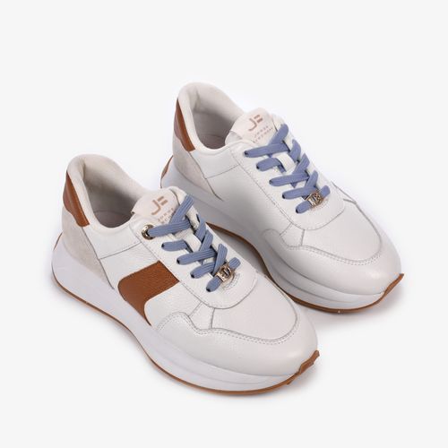 Tênis Jogger Branco Caramelo Gelo Camurça Couro