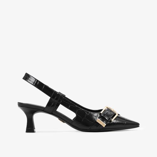 Slingback Bico Fino Preto Couro Crocco