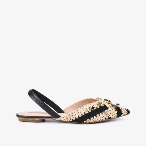 Slingback Bico Fino Nude Preto Rafia Couro