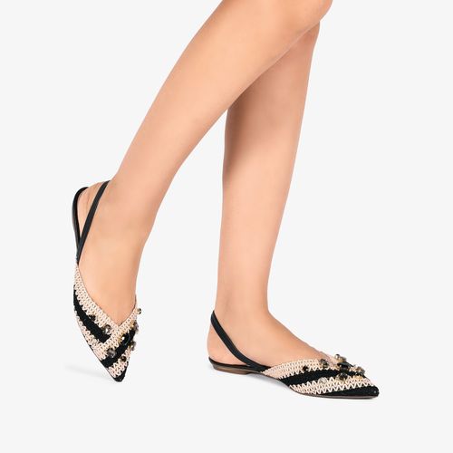 Slingback Bico Fino Nude Preto Rafia Couro