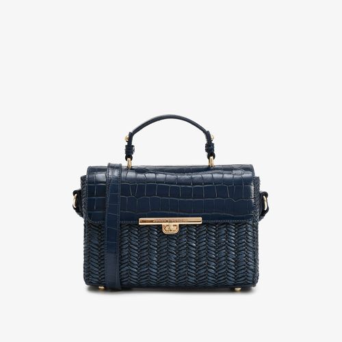 Bolsa Satchel Azul Marinho Ráfia Couro Crocco