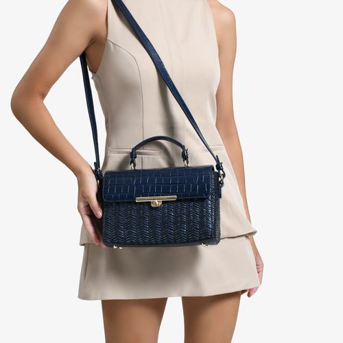 Bolsa Satchel Azul Marinho Ráfia Couro Crocco