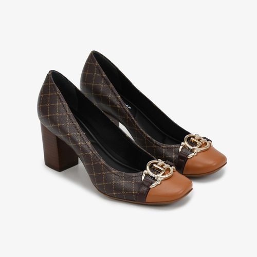 Scarpin Salto Bloco Marrom Monograma Jb Couro