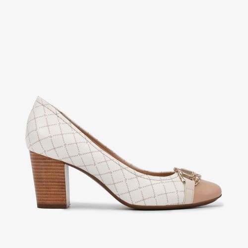 Scarpin Salto Bloco Off White Marrom Monograma Jb Couro