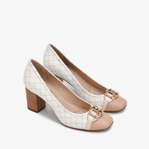 Scarpin Salto Bloco Off White Marrom Monograma Jb Couro