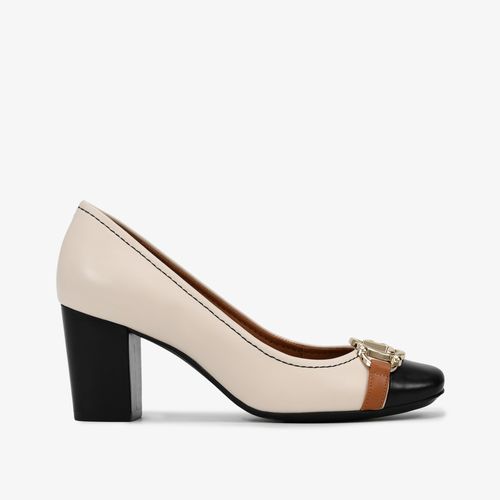 Scarpin Salto Bloco Off White Preto Marrom Couro