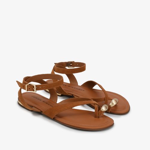 Sandália Marrom Caramelo Dourado Couro Camurça