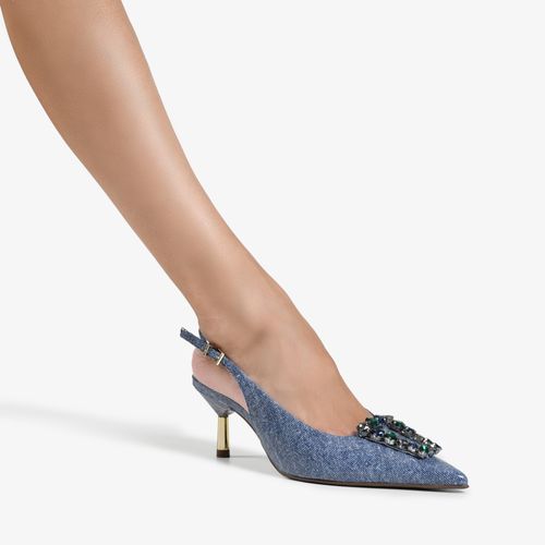 Slingback Pedrarias Azul Marinho Jeans Couro