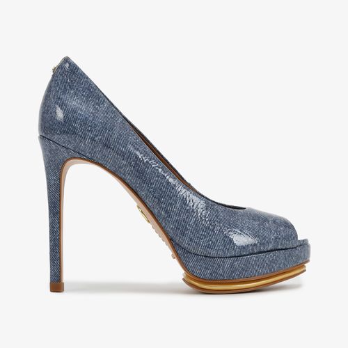 Peep Toe Salto Alto Azul Marinho Jeans Couro