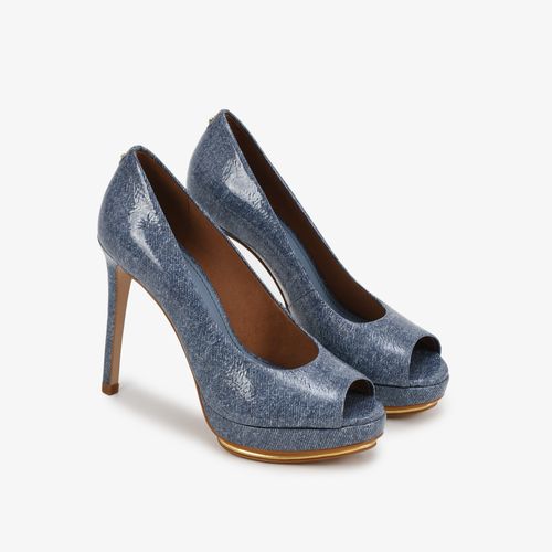 Peep Toe Salto Alto Azul Marinho Jeans Couro