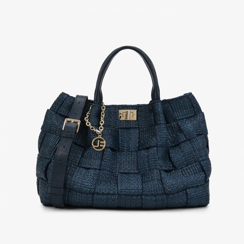 Bolsa Tote Ráfia Azul Marinho Couro