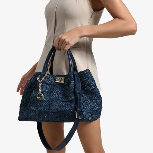 Bolsa Tote Ráfia Azul Marinho Couro