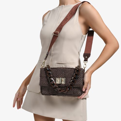 Bolsa Transversal Ráfia Marrom Couro