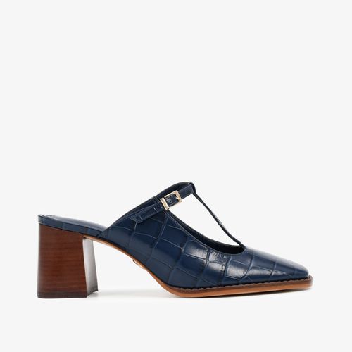 Mule Salto Bloco Azul Marinho Couro Crocco