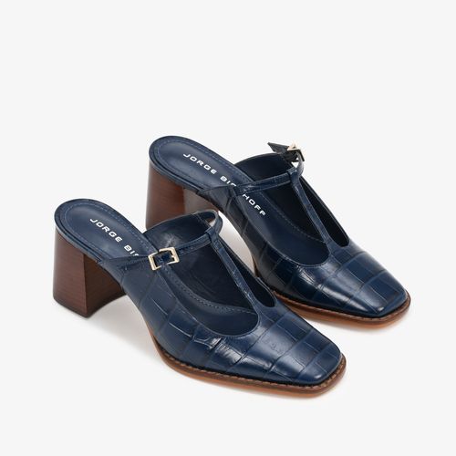 Mule Salto Bloco Azul Marinho Couro Crocco