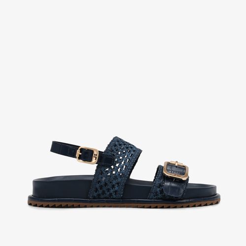 Sandália Slide Ráfia Azul Marinho Couro Crocco