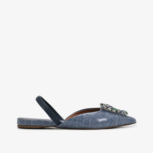 Slingback Bico Fino Pedraria Azul Marinho Jeans Couro