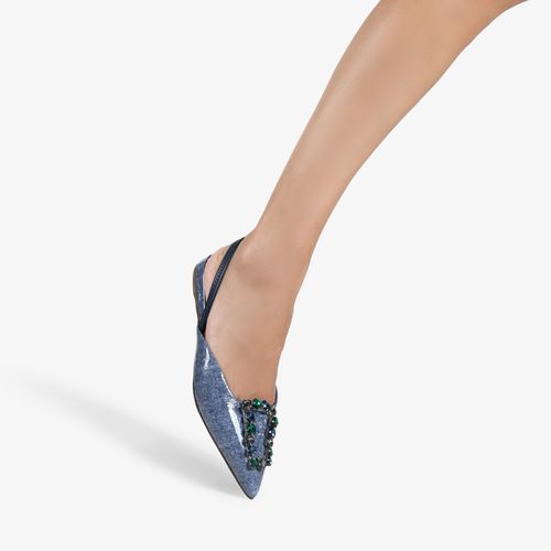 Slingback Bico Fino Pedraria Azul Marinho Jeans Couro