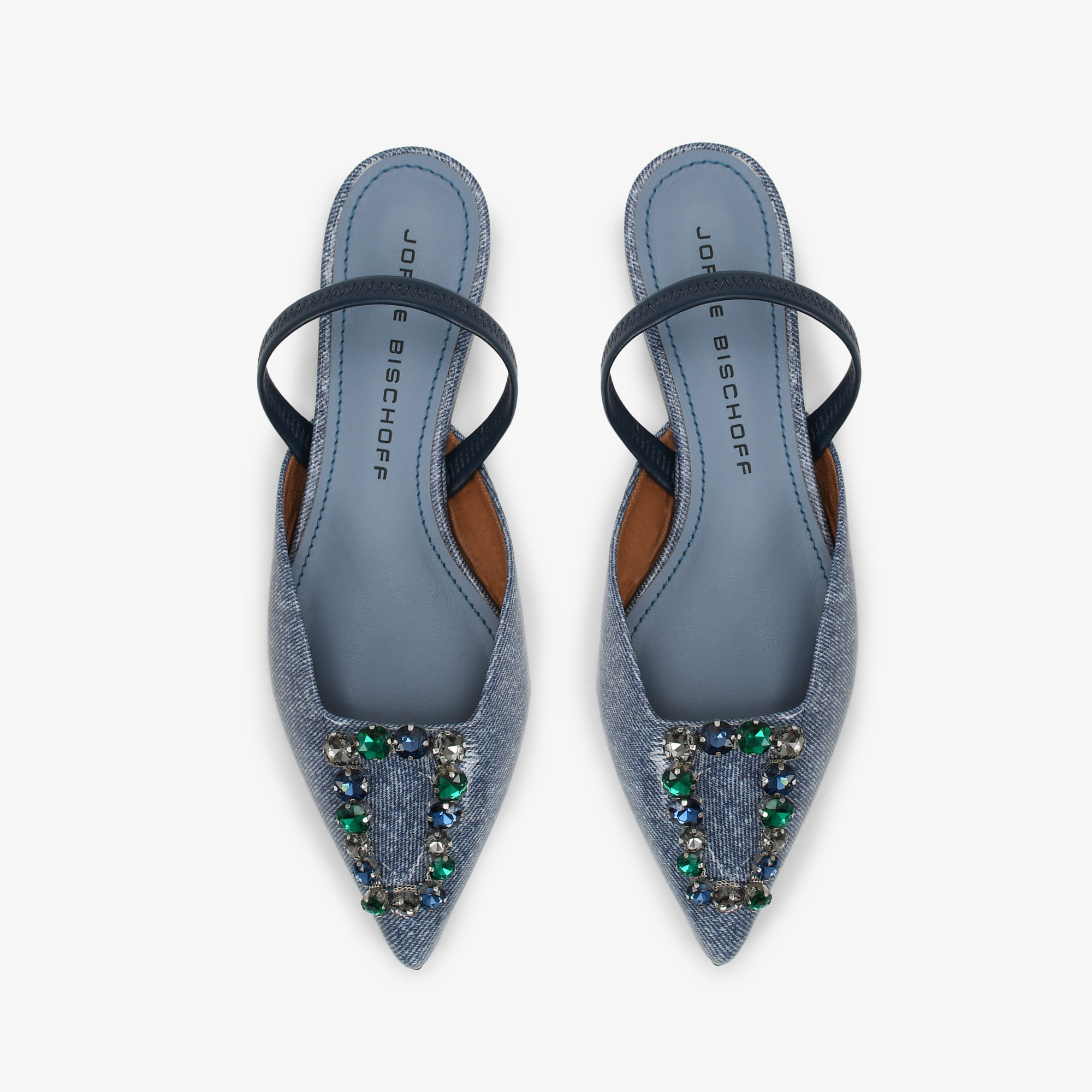 Slingback Bico Fino Pedraria Azul Marinho Jeans Couro Sapatos