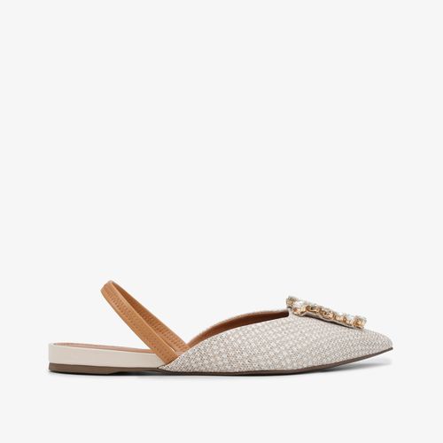 Slingback Bico Fino Pedraria Off White Couro