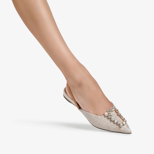 Slingback Bico Fino Pedraria Off White Couro