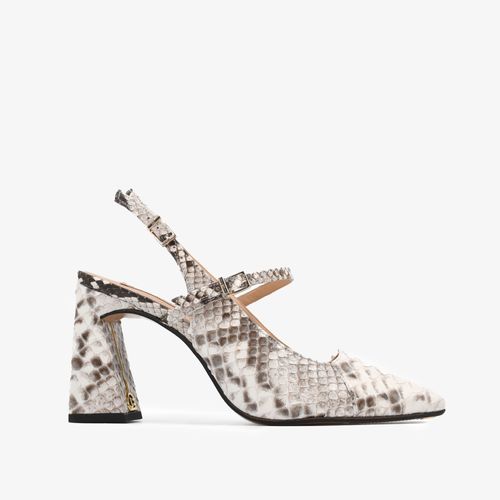 Slingback Branco Salto Flare Pele Cobra Python