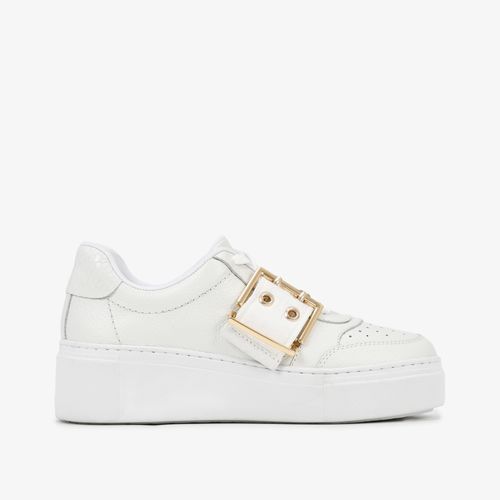 Tênis Fivela Branco Dourado Couro