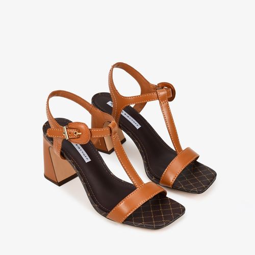 Sandália Salto Bloco Marrom Caramelo Couro