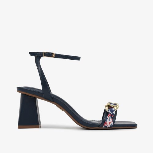 Sandália Salto Bloco Azul Marinho Flores Couro