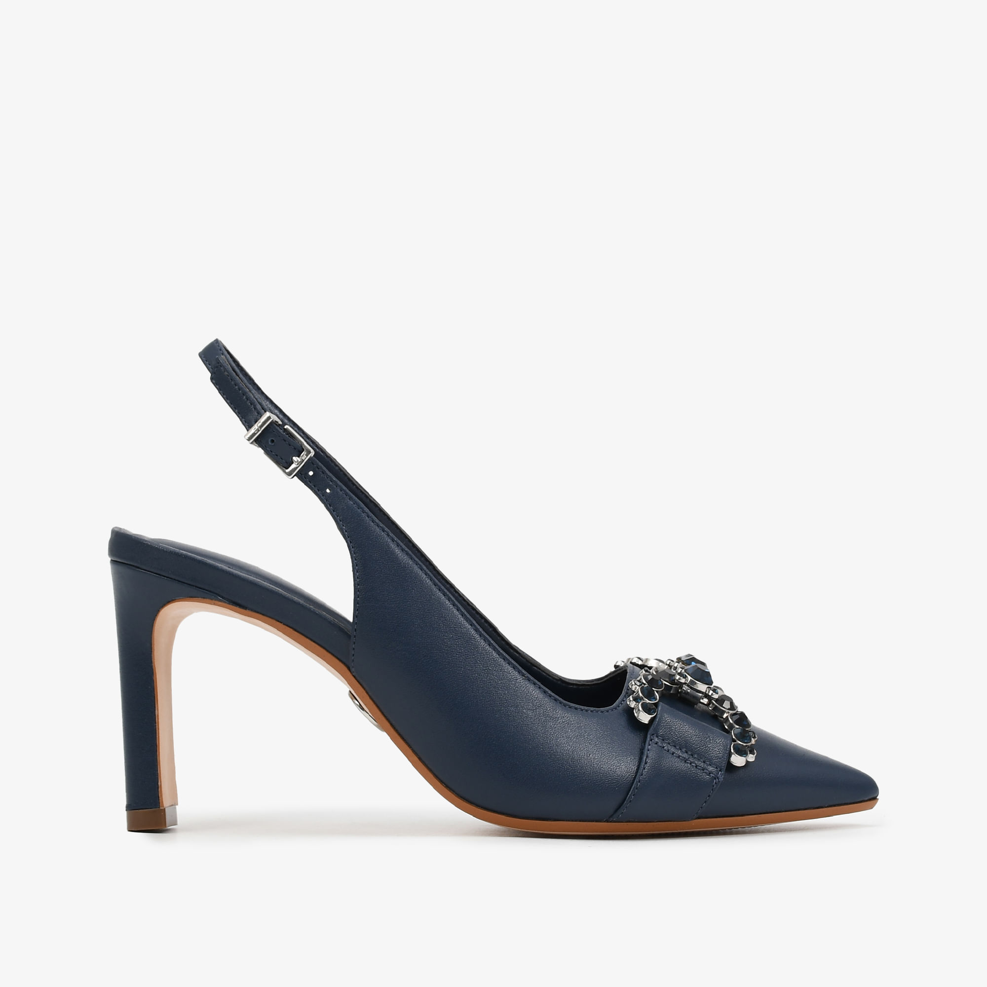 Slingback Salto Fino Azul Marinho Couro Sapatos, Bolsas