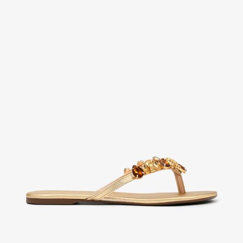 Chinelo Flat Dourado Ouro Pedrarias Couro