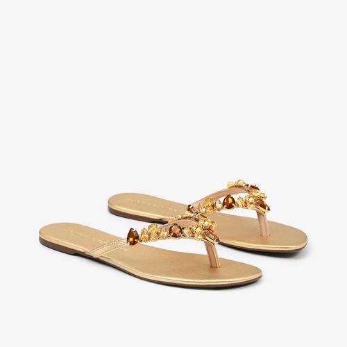 Chinelo Flat Dourado Ouro Pedrarias Couro