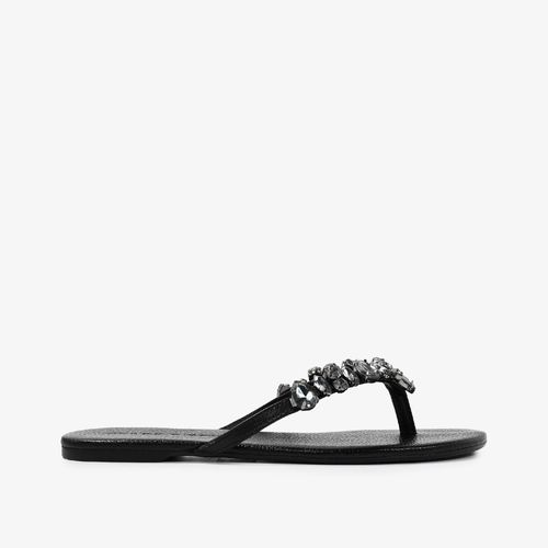 Chinelo Flat Preto Pedrarias Couro