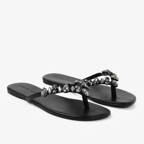 Chinelo Flat Preto Pedrarias Couro