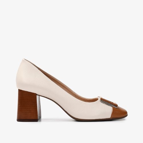 Scarpin Salto Bloco Off White Marrom Couro