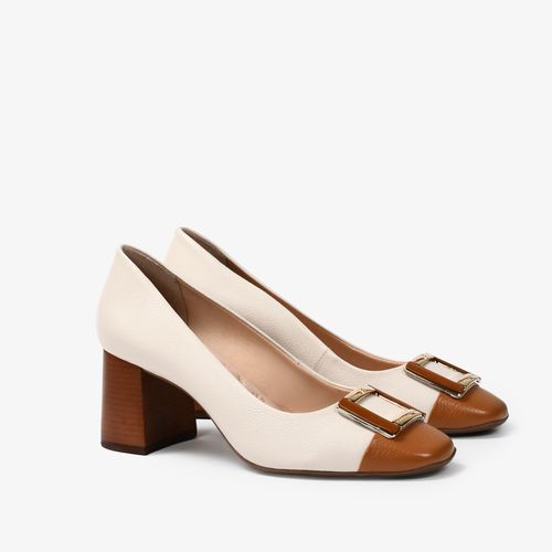 Scarpin Salto Bloco Off White Marrom Couro