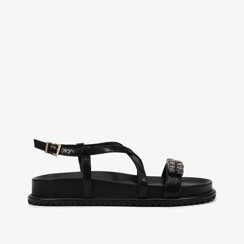 Sandália Preto Pedraria Couro Snake