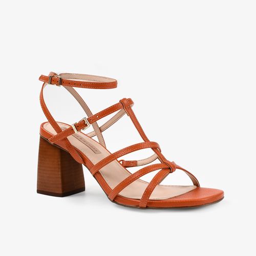 Sandália Salto Bloco Laranja Couro